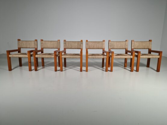 Set of 6 Brutalist Pine Wood Dining Chairs, France, 1960s - Image 5