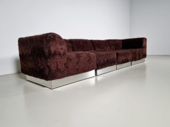 Vintage Italian Chrome Plated Sectional Sofa with Faux Fur, 1970