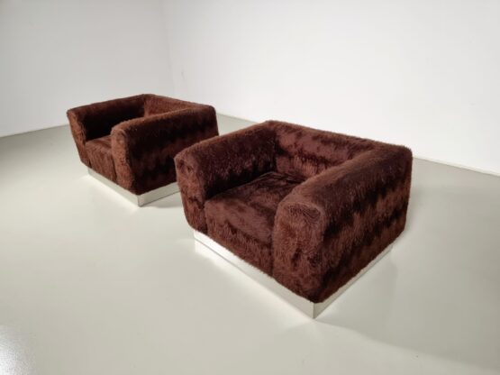 Set of 2 Italian Chrome Plated Lounge Chairs with Faux Fur, 1970 - Image 3