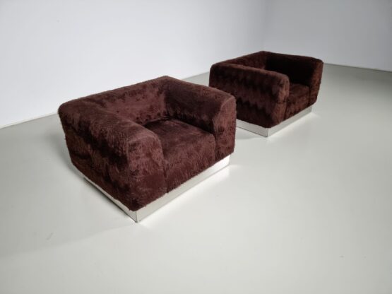 Set of 2 Italian Chrome Plated Lounge Chairs with Faux Fur, 1970