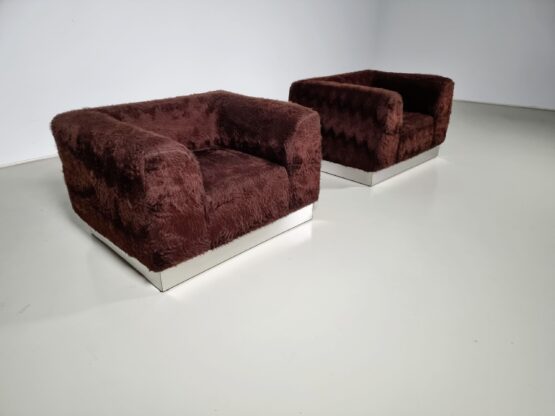 Set of 2 Italian Chrome Plated Lounge Chairs with Faux Fur, 1970 - Image 2