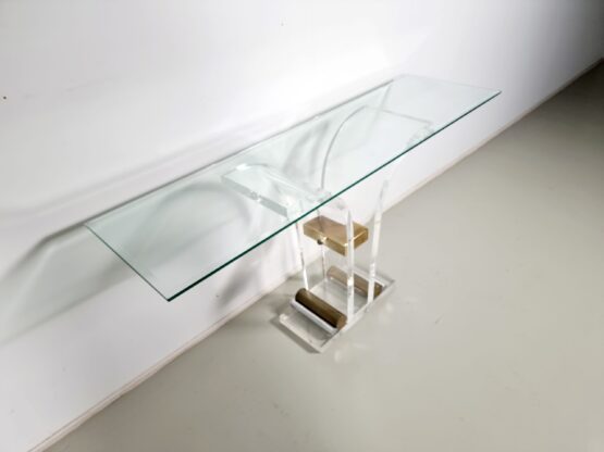 Hollywood Regency style lucite, brass and glass console table, France, 1970s - Image 4