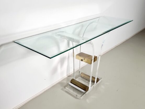 Hollywood Regency style lucite, brass and glass console table, France, 1970s