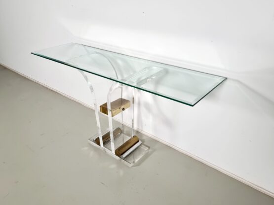 Hollywood Regency style lucite, brass and glass console table, France, 1970s - Image 2