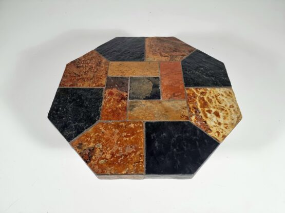 Brutalist slate stone and wood hexagonal coffee table, Belgium, 1970s - Image 5