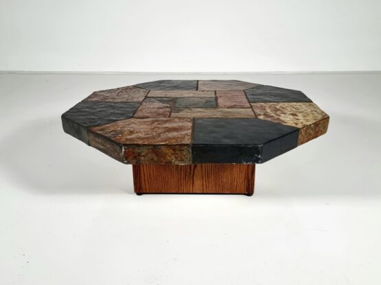 Brutalist slate stone and wood hexagonal coffee table, Belgium, 1970s