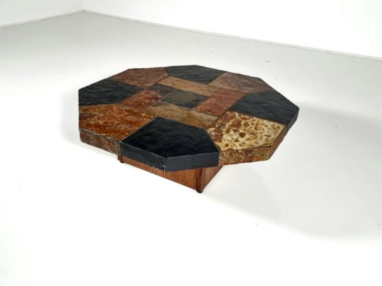 Brutalist slate stone and wood hexagonal coffee table, Belgium, 1970s - Image 4