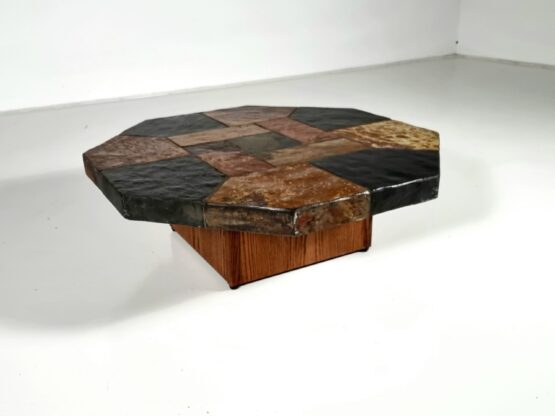 Brutalist slate stone and wood hexagonal coffee table, Belgium, 1970s - Image 3