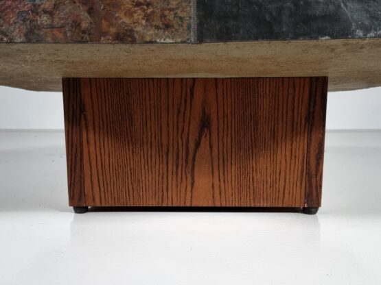 Brutalist slate stone and wood hexagonal coffee table, Belgium, 1970s - Image 8