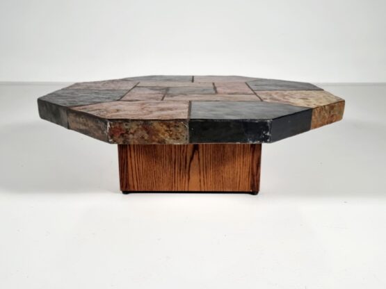 Brutalist slate stone and wood hexagonal coffee table, Belgium, 1970s - Image 2