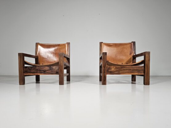 Armchairs in cognac leather and olive wood, France, 1970s - Image 3