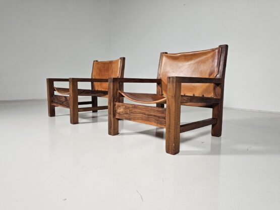 Armchairs in cognac leather and olive wood, France, 1970s - Image 2