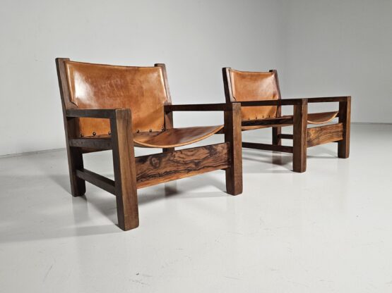 Armchairs in cognac leather and olive wood, France, 1970s
