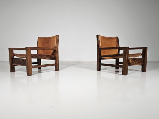 Armchairs in cognac leather and olive wood, France, 1970s - Image 4