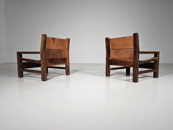 Armchairs in cognac leather and olive wood, France, 1970s - Image 6