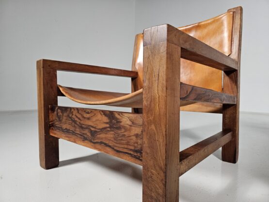 Armchairs in cognac leather and olive wood, France, 1970s - Image 7