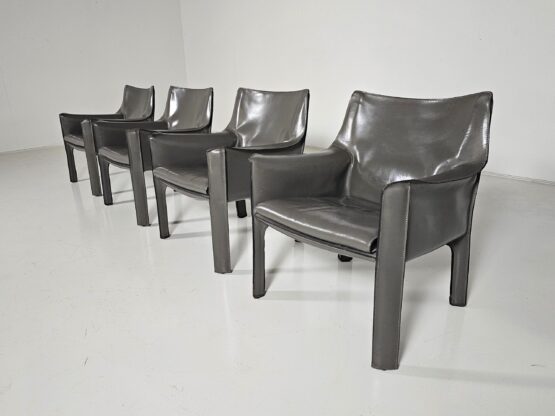 Set of 4 Cassina CAB-414 armchairs in grey leather by Mario Bellini, 1980s