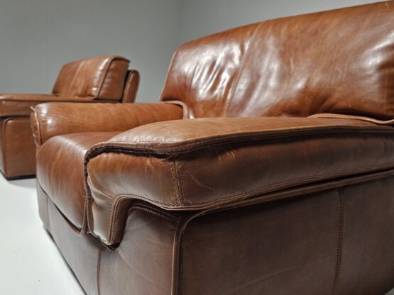 Pair of Huge Italian Lounge Chairs in Cognac Buffalo Leather, 1970s - Image 7