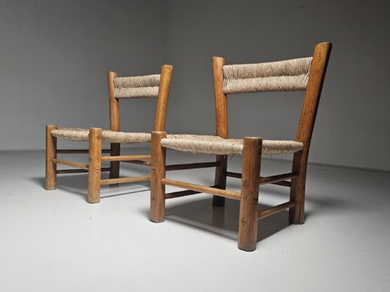 French Rustic Pair of Low Chairs in Elm Wood and Straw, 1960s