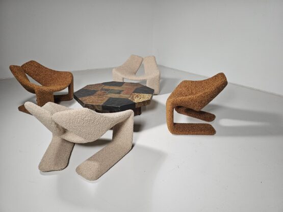 Zen lounge chairs by Kwok Hoi Chan in rusty brown teddy fabric, Steiner, 1970s - Image 7