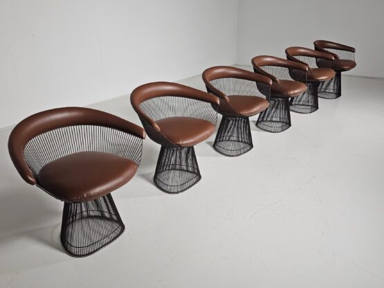 Warren Platner dining chairs in bronze and brown leather, Knoll International - Image 4
