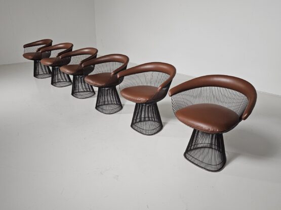 Warren Platner dining chairs in bronze and brown leather, Knoll International - Image 3