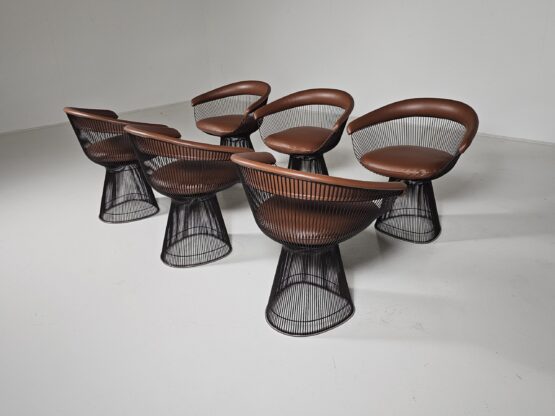 Warren Platner dining chairs in bronze and brown leather, Knoll International