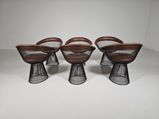 Warren Platner dining chairs in bronze and brown leather, Knoll International - Image 5