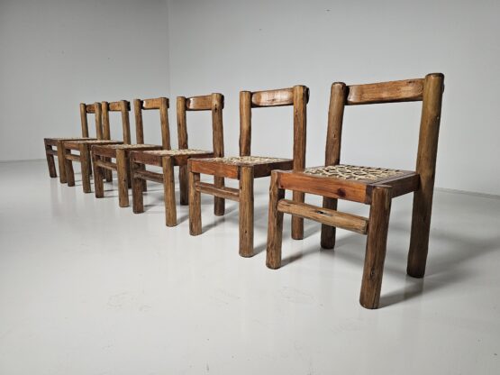 Set of 6 Solid pine wood and leather Brutalist Dining Chairs, Belgium, 1970s