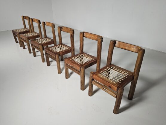 Set of 6 Solid pine wood and leather Brutalist Dining Chairs, Belgium, 1970s - Image 3