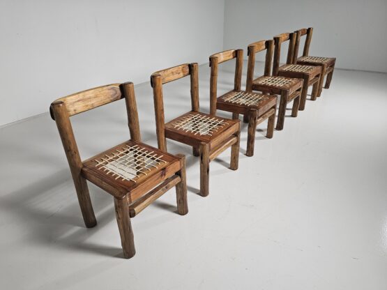 Set of 6 Solid pine wood and leather Brutalist Dining Chairs, Belgium, 1970s - Image 2