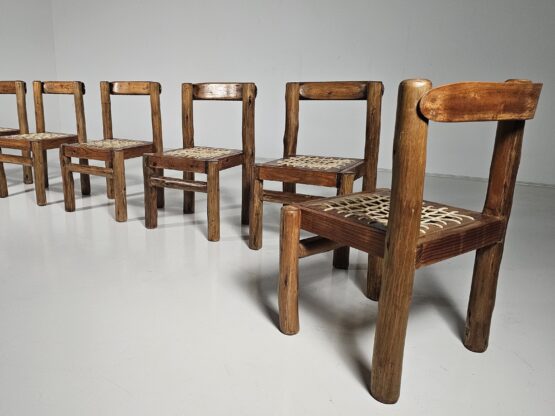 Set of 6 Solid pine wood and leather Brutalist Dining Chairs, Belgium, 1970s - Image 9