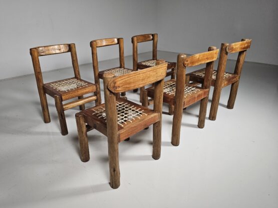 Set of 6 Solid pine wood and leather Brutalist Dining Chairs, Belgium, 1970s - Image 5