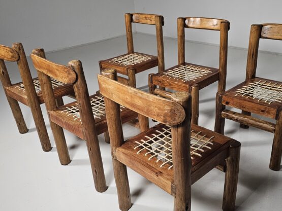 Set of 6 Solid pine wood and leather Brutalist Dining Chairs, Belgium, 1970s - Image 7