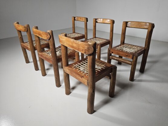 Set of 6 Solid pine wood and leather Brutalist Dining Chairs, Belgium, 1970s - Image 4