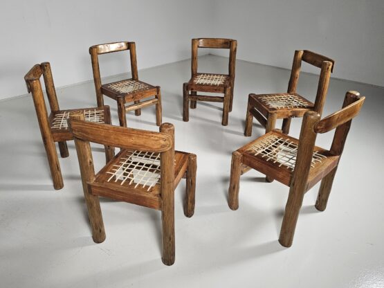 Set of 6 Solid pine wood and leather Brutalist Dining Chairs, Belgium, 1970s - Image 6