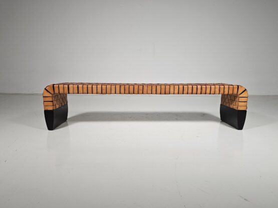 Woven cognac leather Brera bench by Guglielmo Ulrich for Matteo Grassi, 1990s