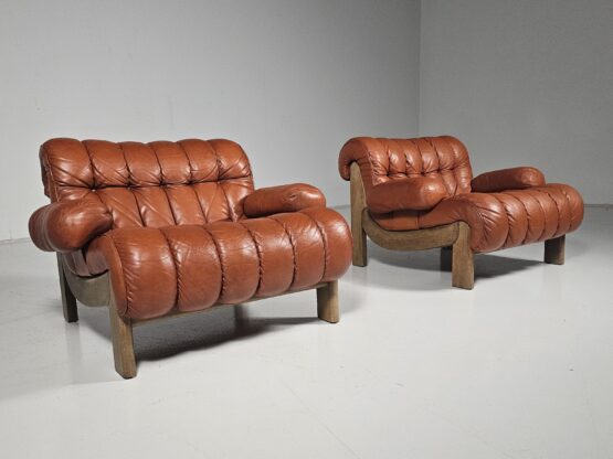 Pair of vintage cognac leather and solid oak lounge chairs, Germany, 1970s