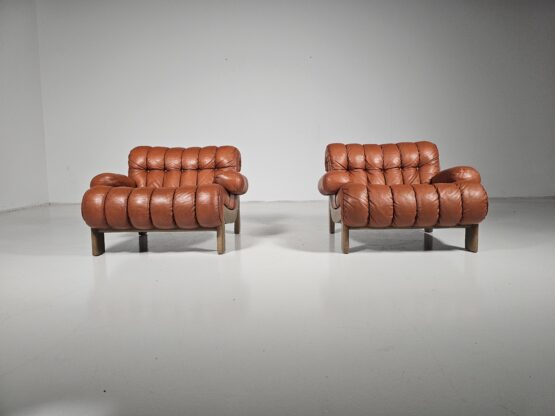 Pair of vintage cognac leather and solid oak lounge chairs, Germany, 1970s - Image 2
