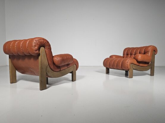 Pair of vintage cognac leather and solid oak lounge chairs, Germany, 1970s - Image 5