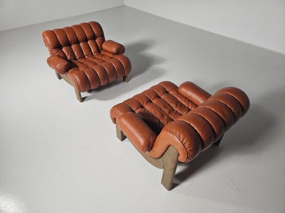 Pair of vintage cognac leather and solid oak lounge chairs, Germany, 1970s - Image 8