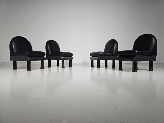 Memphis style black leather lounge chairs in the manner of Ettore Sottsass, 1980