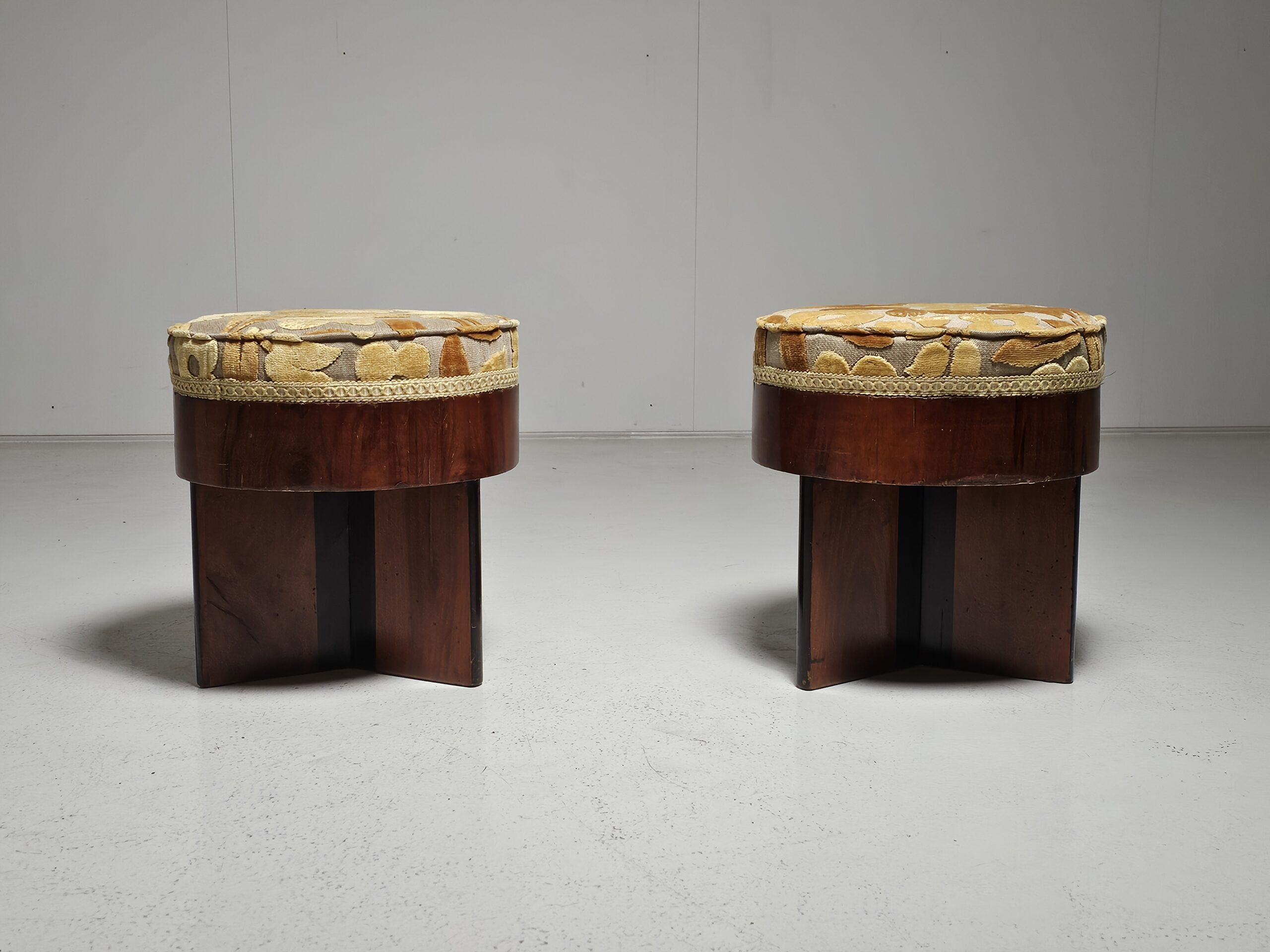 Art deco walnut and floral-printed fabric stools, Italy