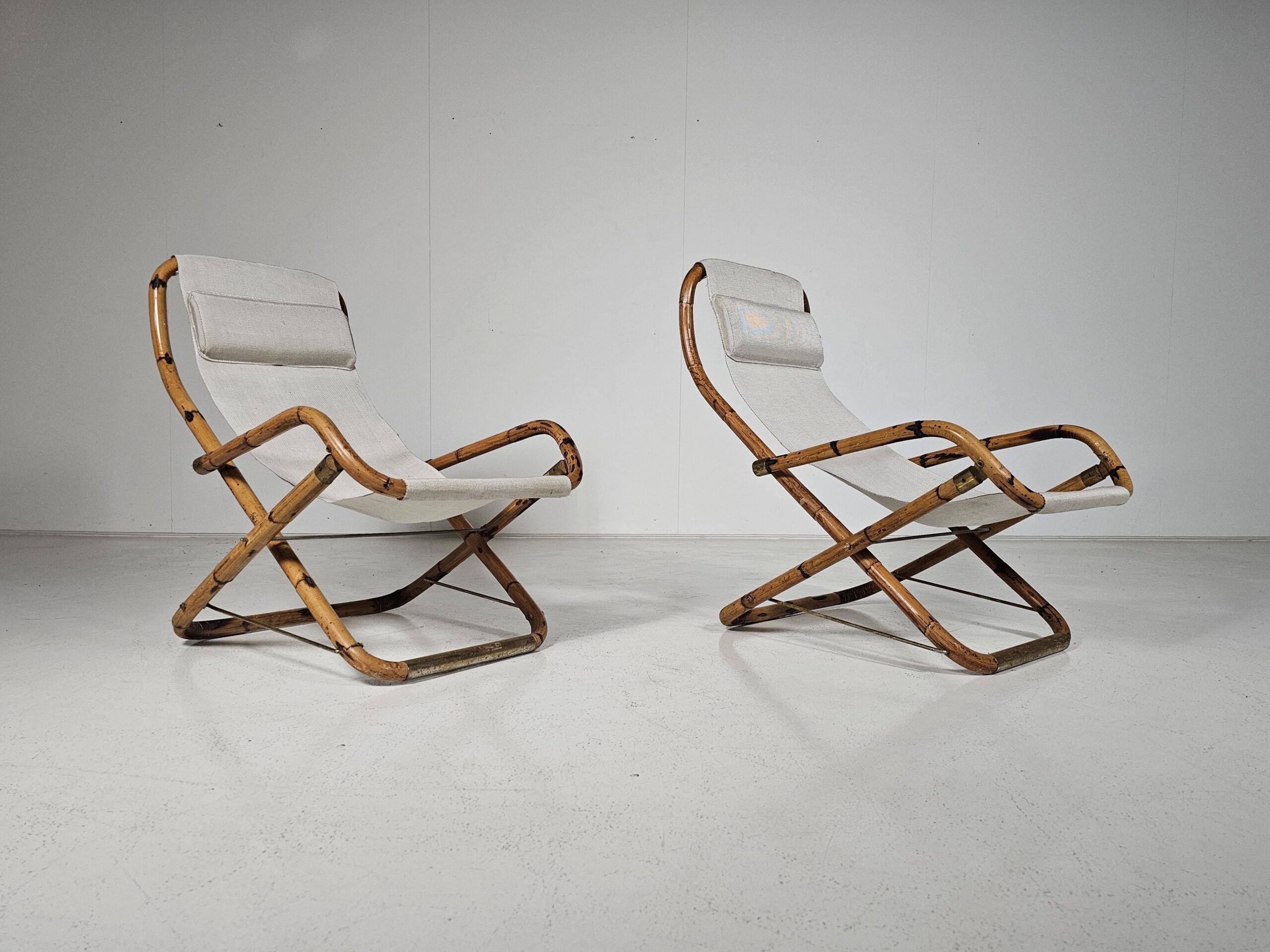 bamboo folding lounge deck chairs, brass details, Italy, 1960s