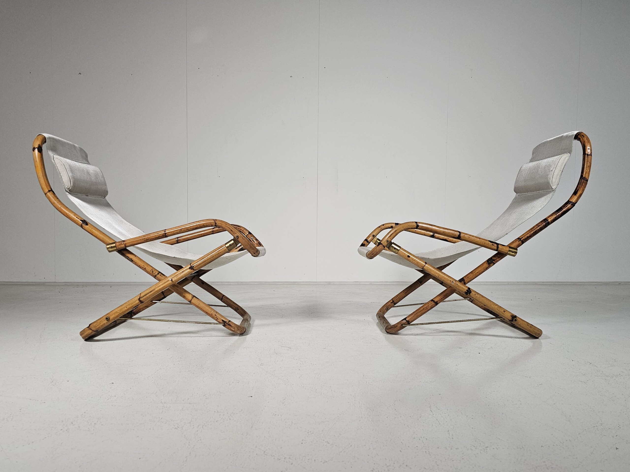 bamboo folding lounge deck chairs, brass details, Italy, 1960s