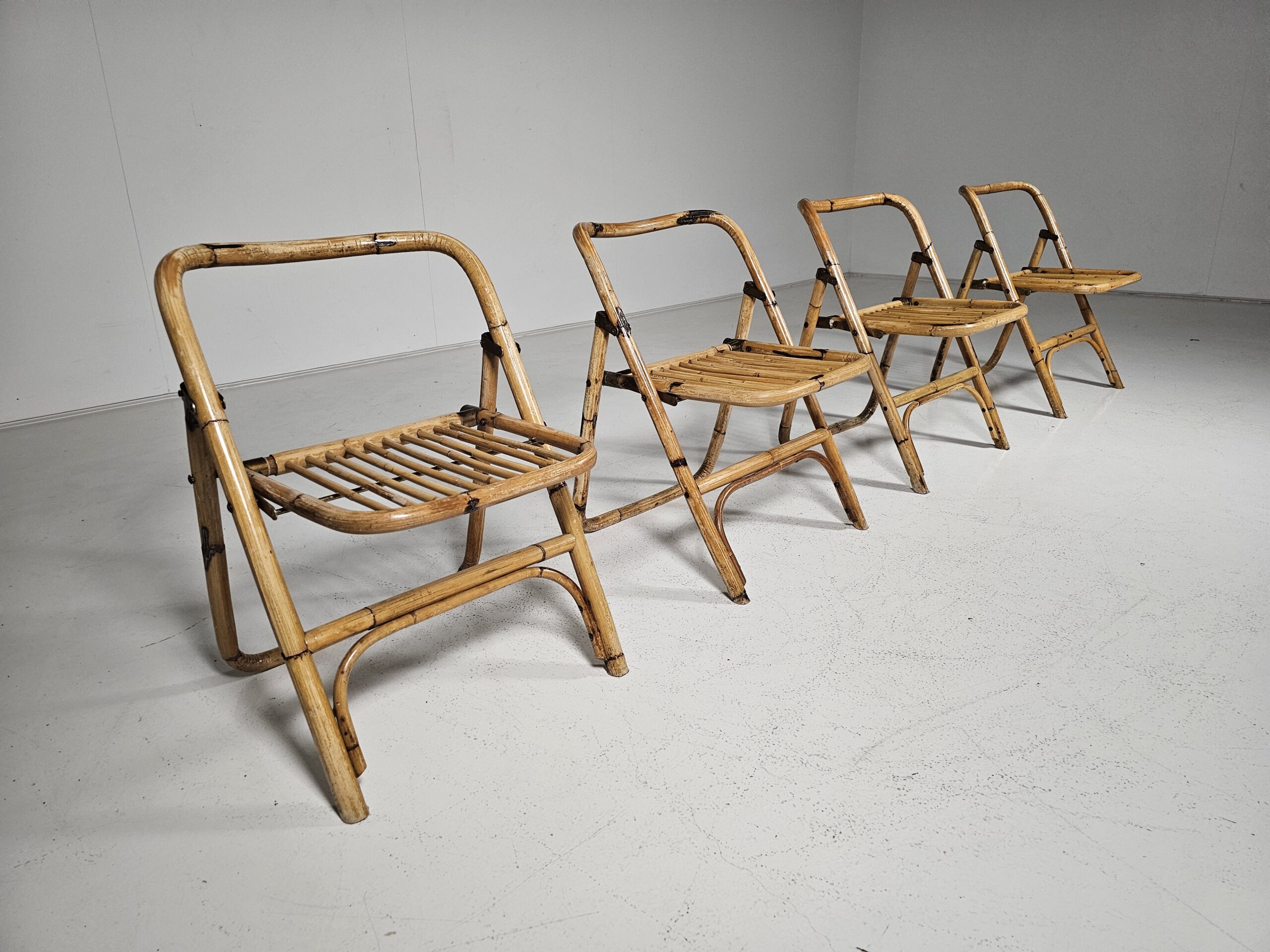 Dal Vera bamboo folding chairs, brass details, Italy, 1960s