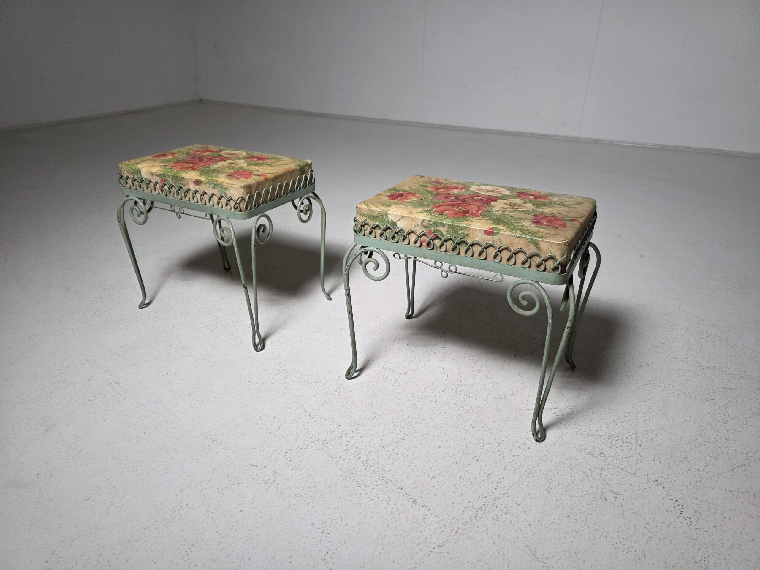 Vintage Wrought Iron Stools with Floral Fabric