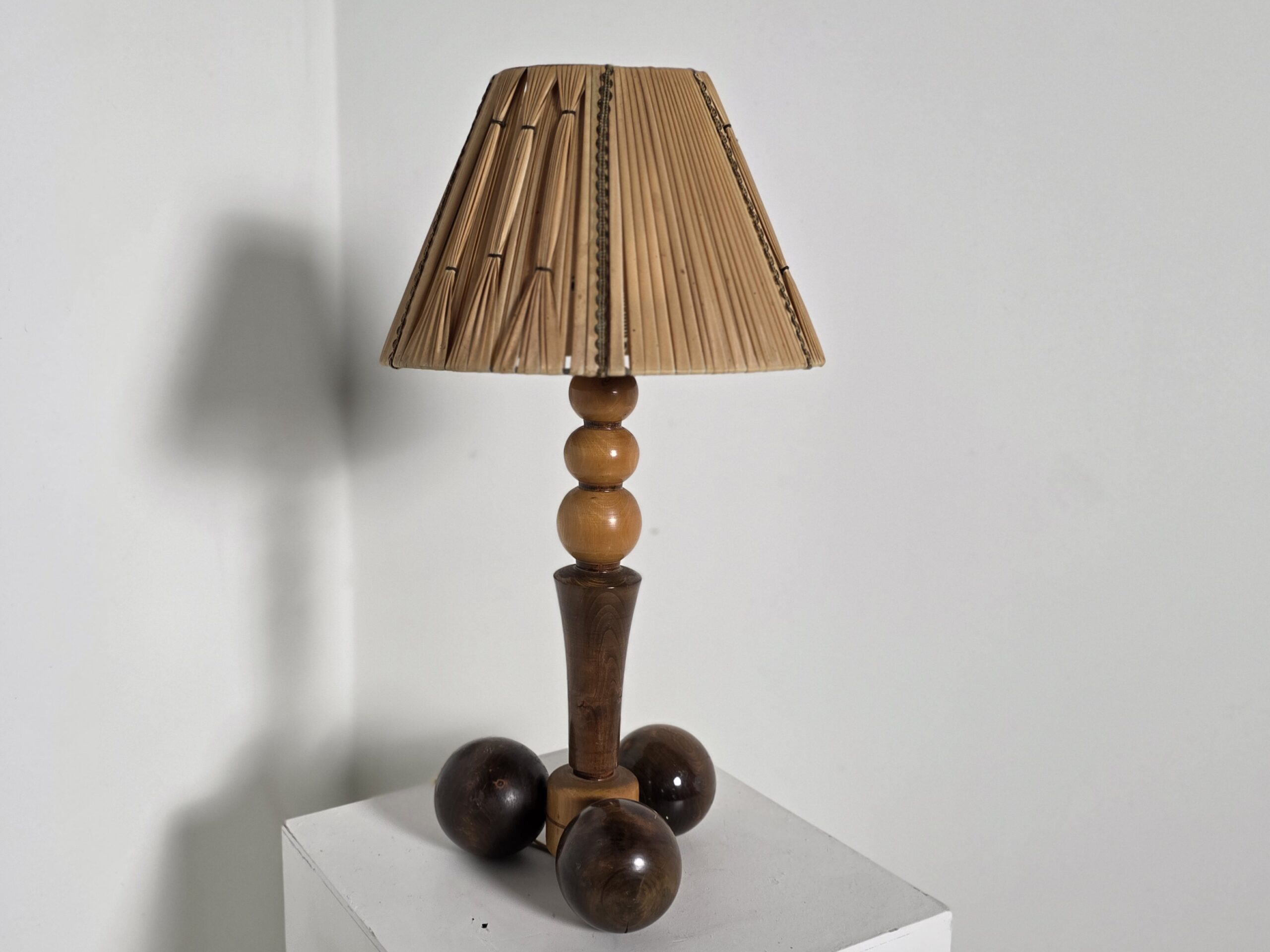Art Deco Wood Table Lamp with Original Pleated Fabric Shade